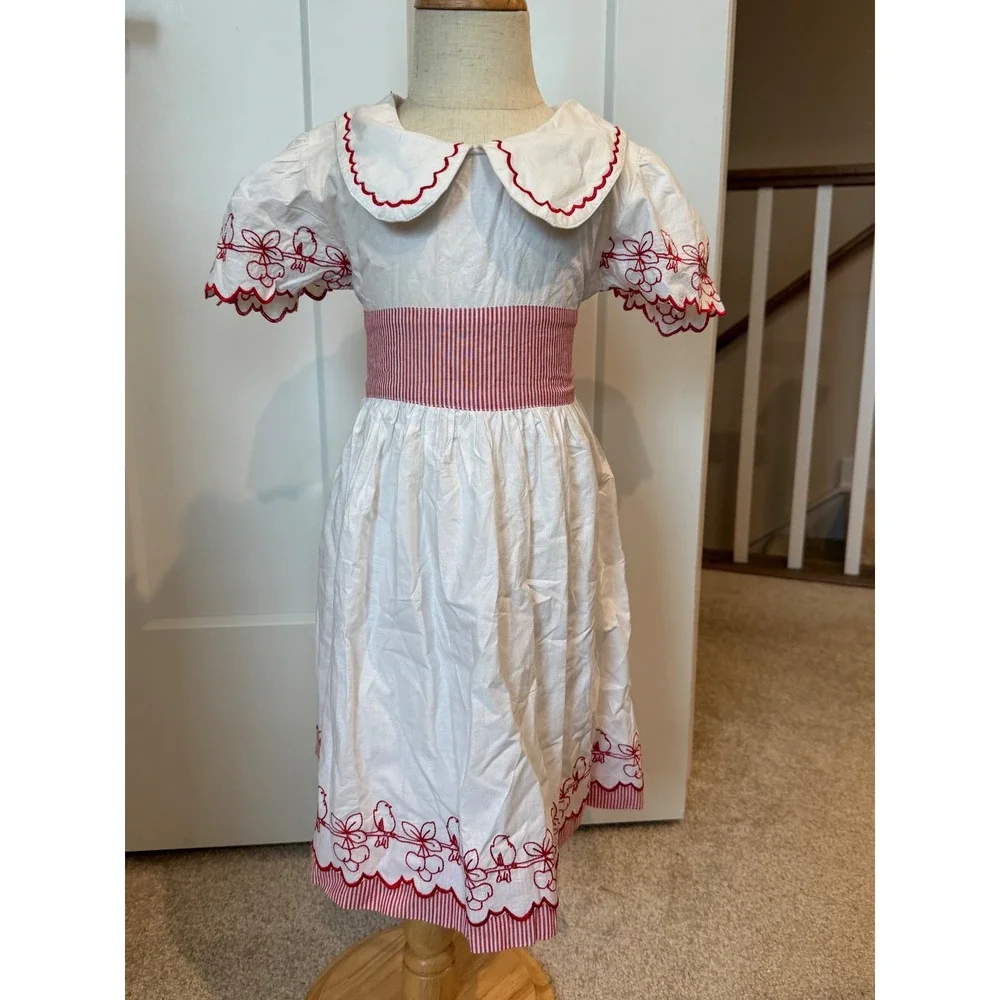 Powell Craft England Girls White Red Embroidered Bird Cotton Dress 4-5Y Vintage